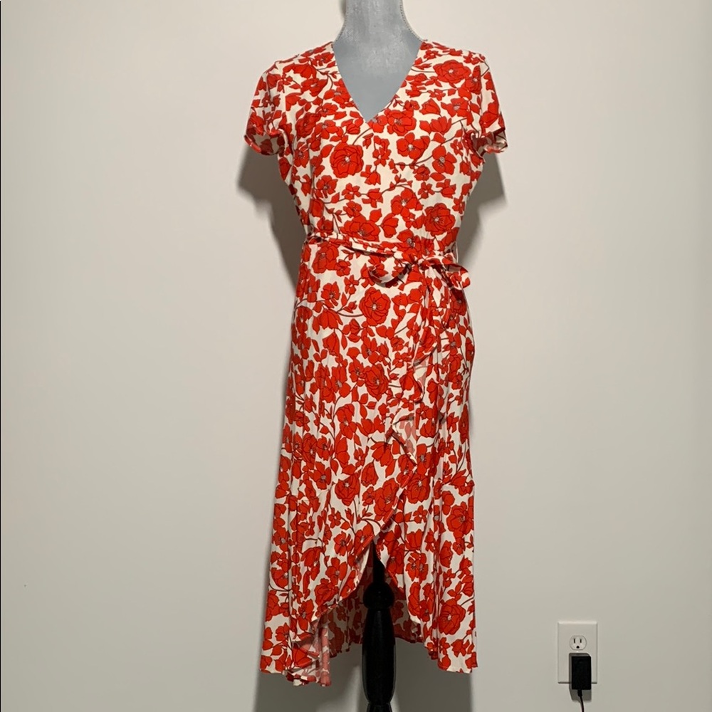 BARDOT Floral Faux Wrap Dress in Red and White Lined Zip Back Closure sz 8